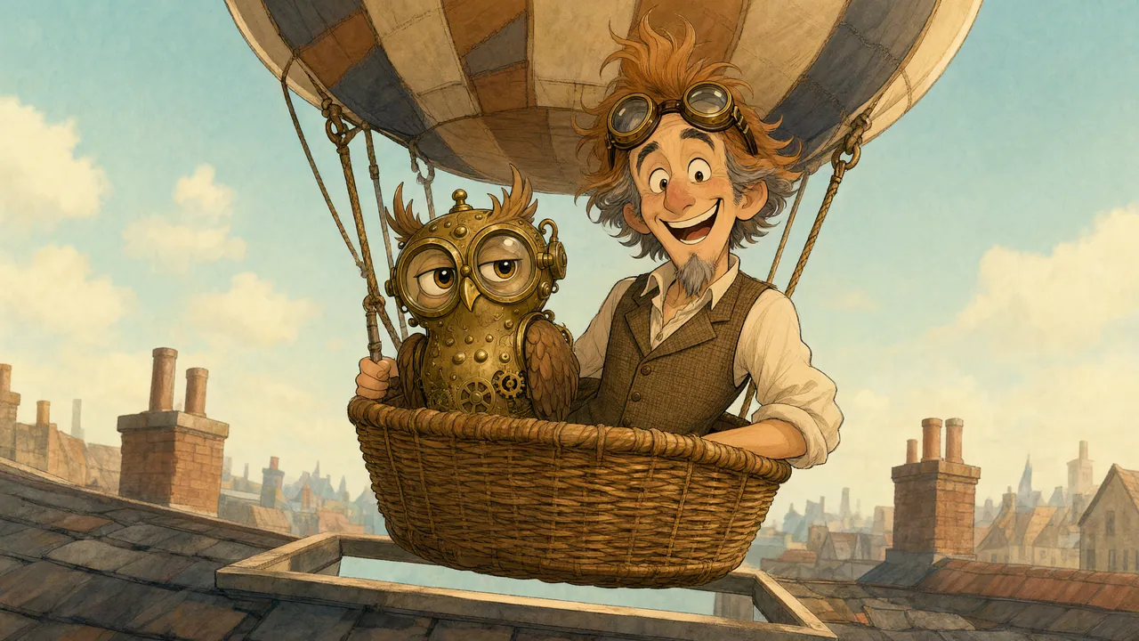 Professor Kettlewick and Archimedes rising over the rooftops in the brass balloon